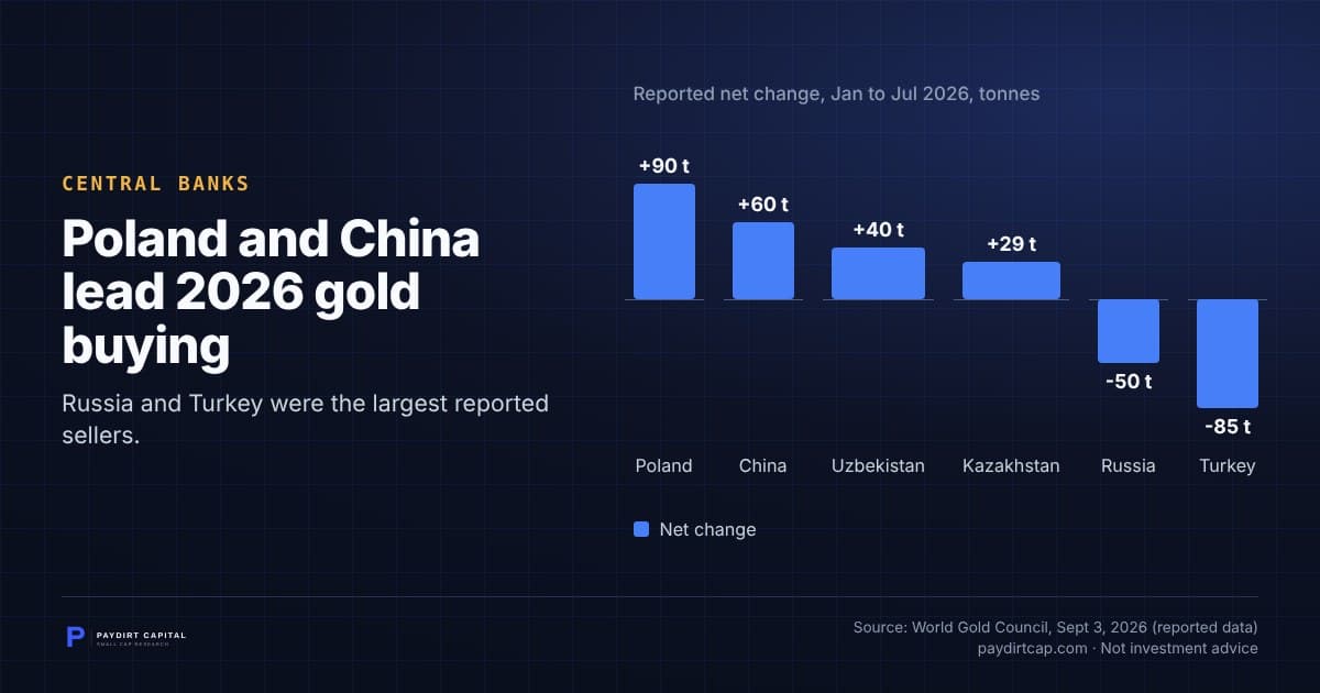 Poland and China lead 2026 gold buying. Chart: Reported net change, Jan to Jul 2026, tonnes: Poland Net change +90 t; China Net change +60 t; Uzbekistan Net change +40 t; Kazakhstan Net change +29 t; Russia Net change -50 t; Turkey Net change -85 t. Source: World Gold Council, Sept 3, 2026 (reported data).
