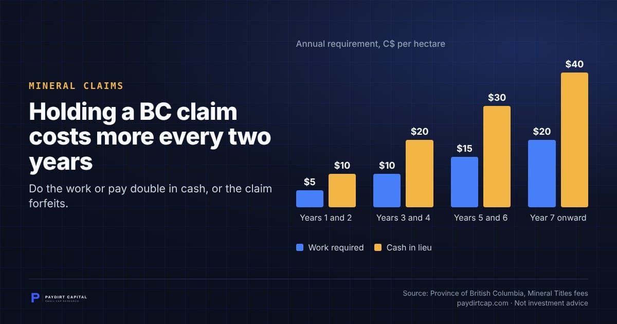 Holding a BC claim costs more every two years. Chart: Annual requirement, C$ per hectare: Years 1 and 2 Work required $5, Cash in lieu $10; Years 3 and 4 Work required $10, Cash in lieu $20; Years 5 and 6 Work required $15, Cash in lieu $30; Year 7 onward Work required $20, Cash in lieu $40. Source: Province of British Columbia, Mineral Titles fees.